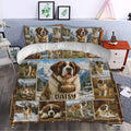 Saint Bernard bedding set styled in a bedroom with scenic mountain panels and large dog portraits