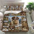 Saint Bernard duvet cover set presented in a bright bedroom with coordinated pillowcases and alpine artwork