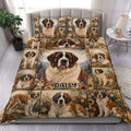 Saint Bernard duvet cover set displayed on a bed with floral mountain artwork and matching pillowcases