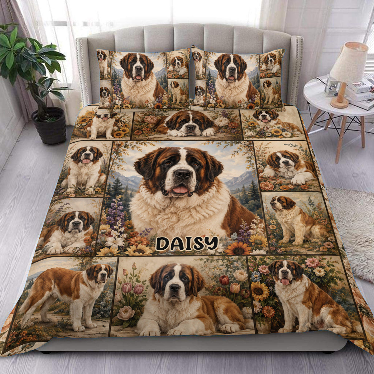 Saint Bernard duvet cover set displayed on a bed with floral mountain artwork and matching pillowcases