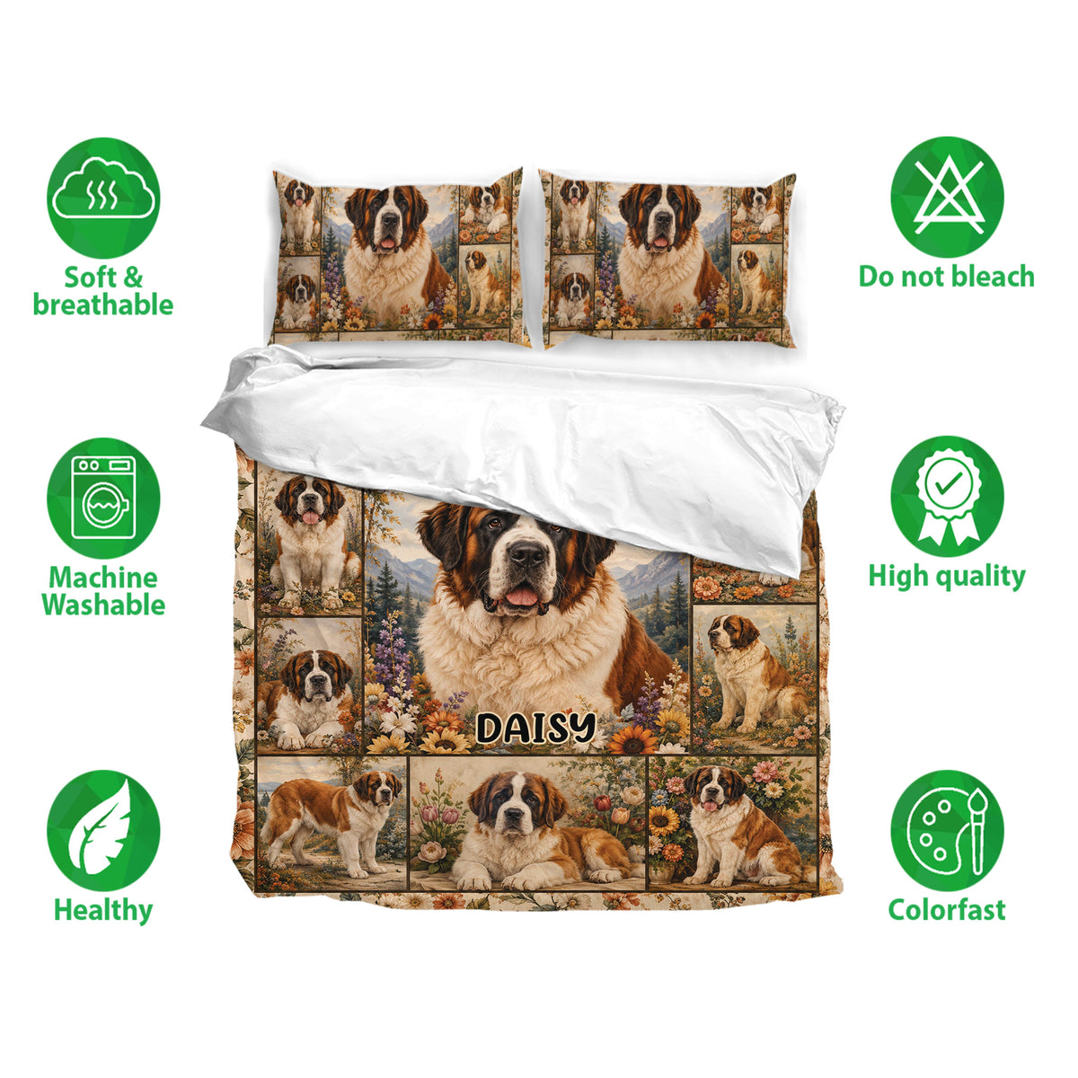 Saint Bernard bedding set shown with matching pillowcases and soft breathable fabric feature icons