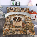 Saint Bernard bedding set styled in a cozy bedroom with mountain and wildflower dog artwork