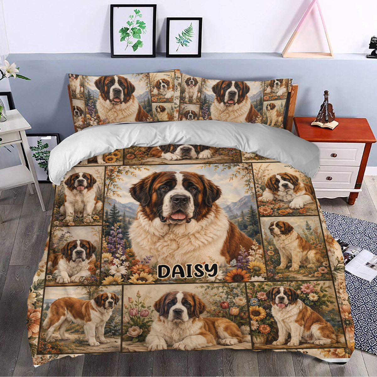 Saint Bernard bedding set styled in a cozy bedroom with mountain and wildflower dog artwork