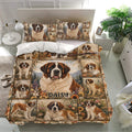 Saint Bernard duvet cover set displayed in a bright bedroom with matching pillowcases and floral scenes