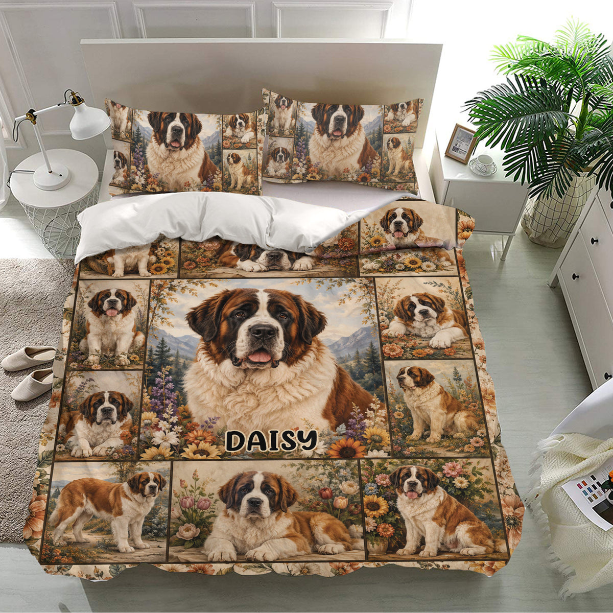 Saint Bernard duvet cover set displayed in a bright bedroom with matching pillowcases and floral scenes