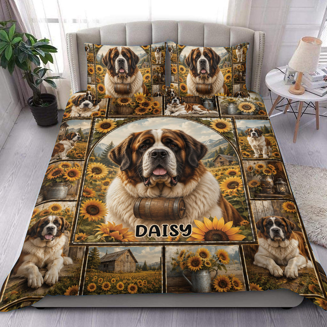 Saint Bernard duvet cover set displayed on a bed with sunflower fields, mountain scenery, and farmhouse artwork
