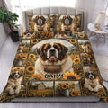 Saint Bernard duvet cover set displayed on a bed with sunflower fields, mountain scenery, and farmhouse artwork