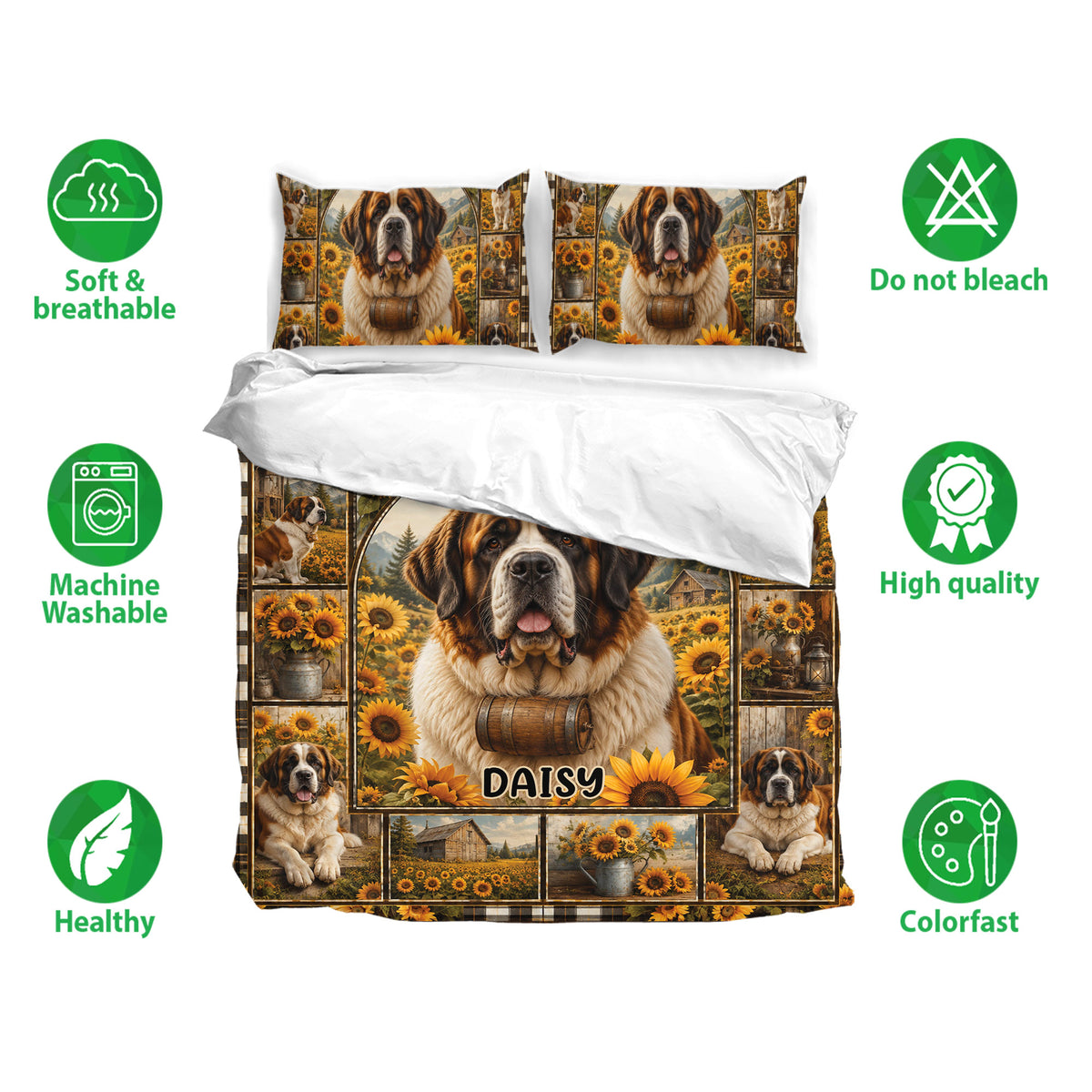 Saint Bernard bedding set with matching pillowcases, sunflower artwork, and rustic countryside bedroom design