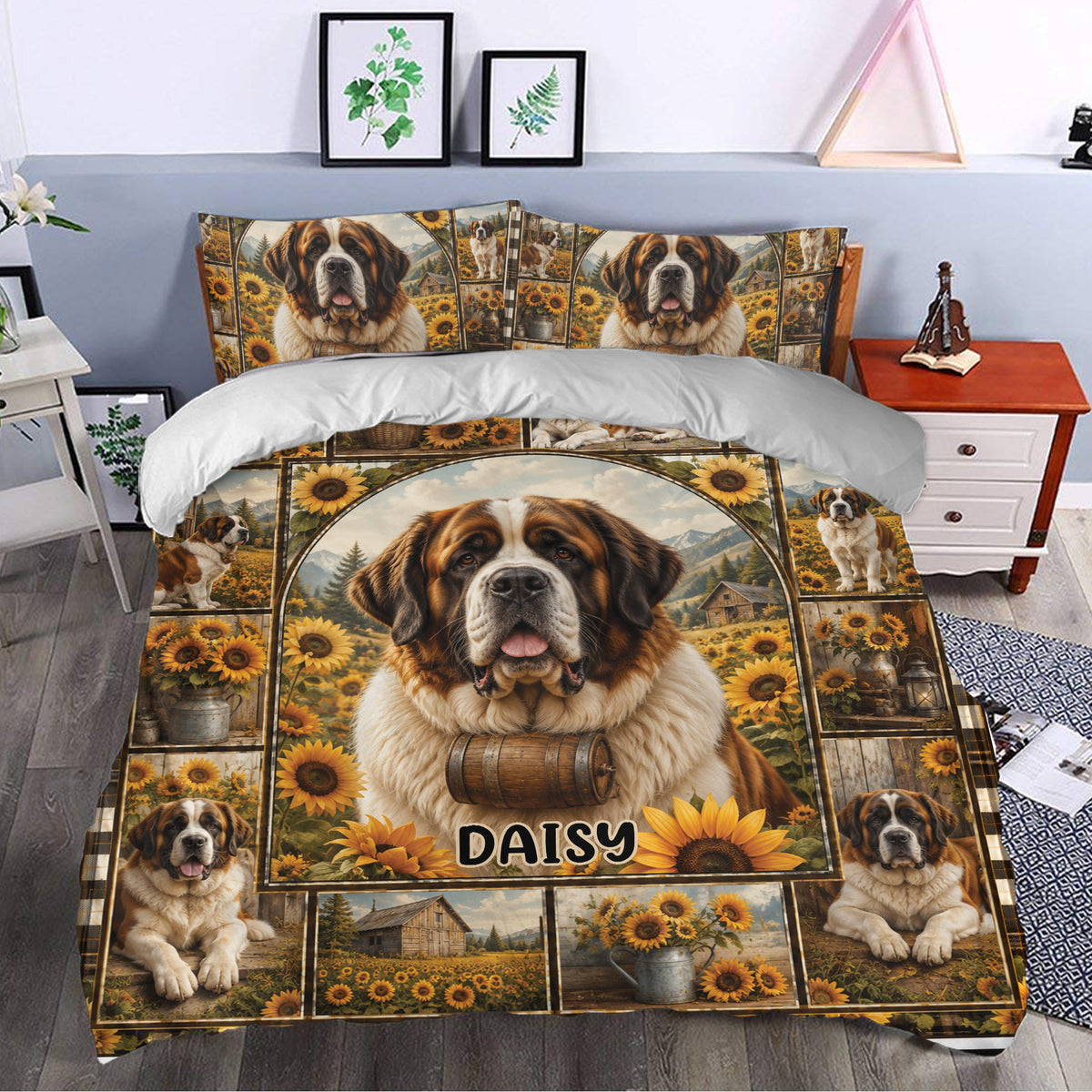 Saint Bernard duvet cover bedding set styled in a bedroom with sunflower and farmhouse decor