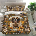 Saint Bernard bedding set displayed in a bright bedroom with large dog portraits and sunflower scenes