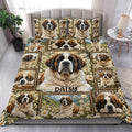 Saint Bernard duvet cover set displayed on a bed with daisy-filled rustic dog portrait artwork
