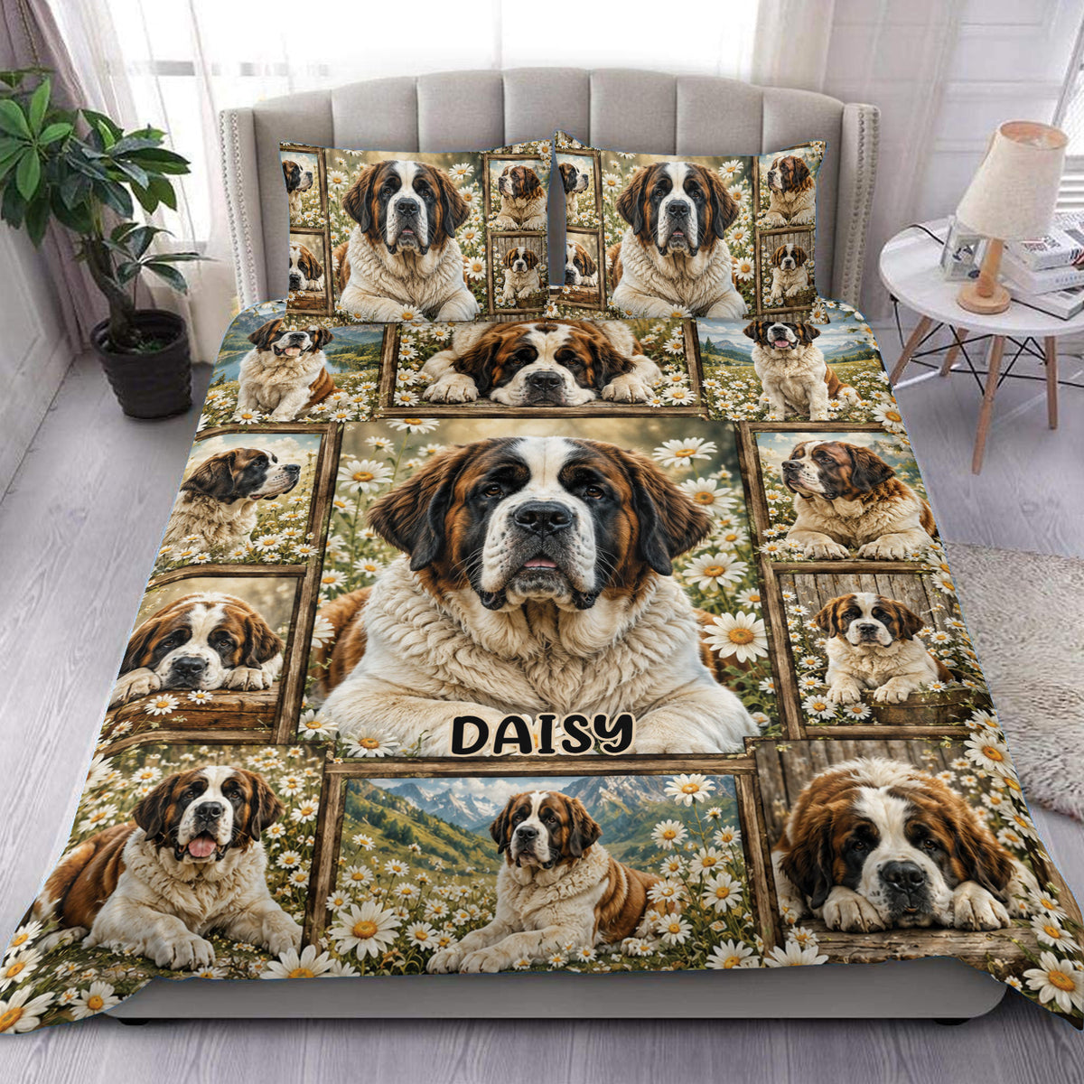 Saint Bernard duvet cover set displayed on a bed with daisy-filled rustic dog portrait artwork