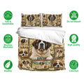 Saint Bernard bedding set presentation with matching pillowcases and floral dog artwork