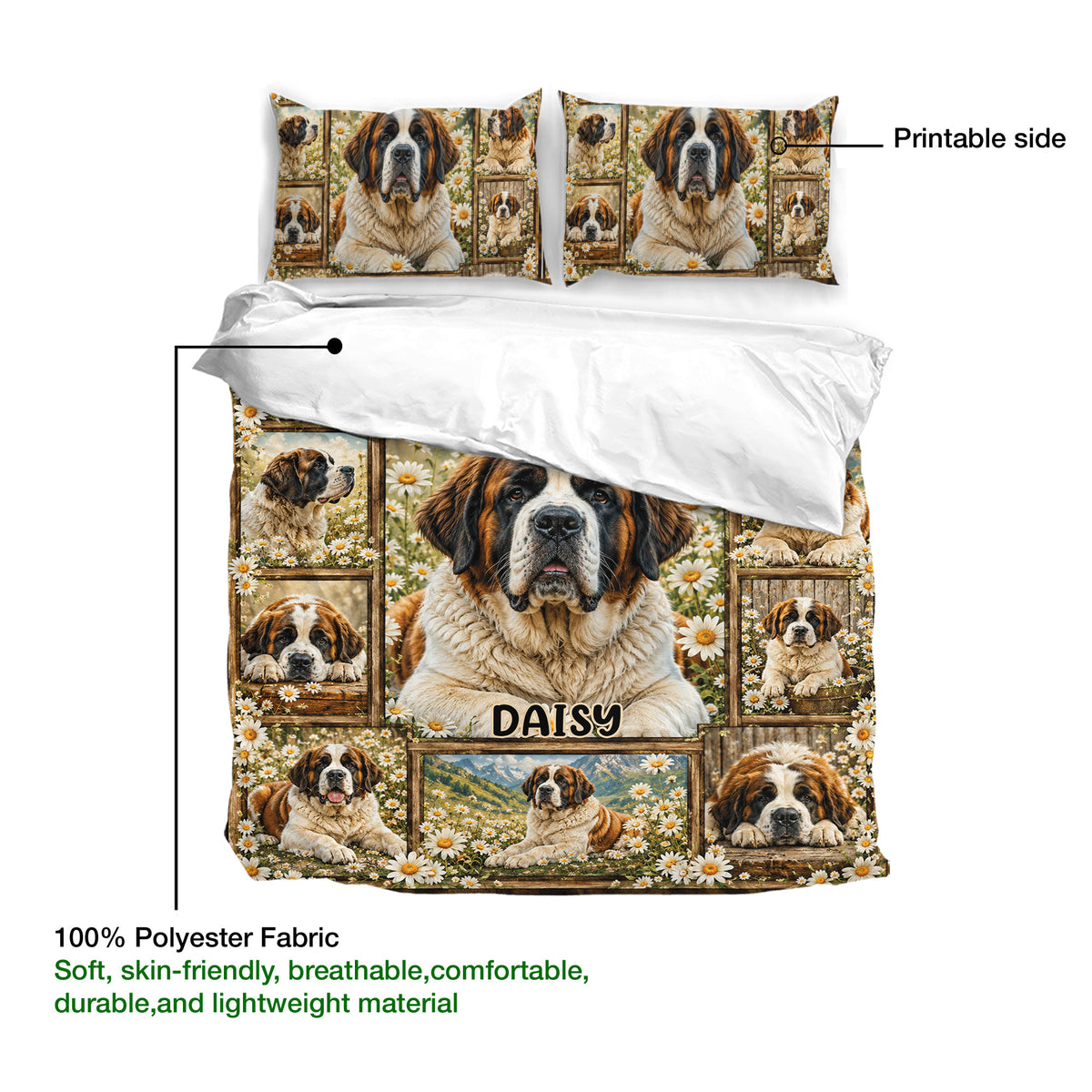 Saint Bernard duvet cover showing a printed front, soft white reverse, and detailed dog collage