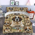 Saint Bernard duvet cover styled in a bedroom with large dog portraits, daisies, and rustic frames