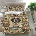 Saint Bernard bedding set in a bright bedroom featuring mountain scenes, daisies, and multiple dog portraits