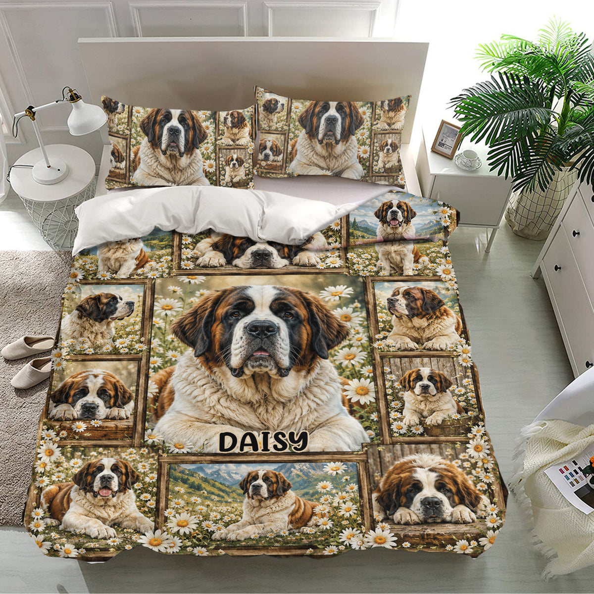 Saint Bernard bedding set in a bright bedroom featuring mountain scenes, daisies, and multiple dog portraits