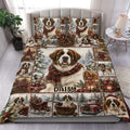 Saint Bernard duvet cover set displayed on a bed with snowy scenes, Christmas greenery, lanterns, gifts, and red accents
