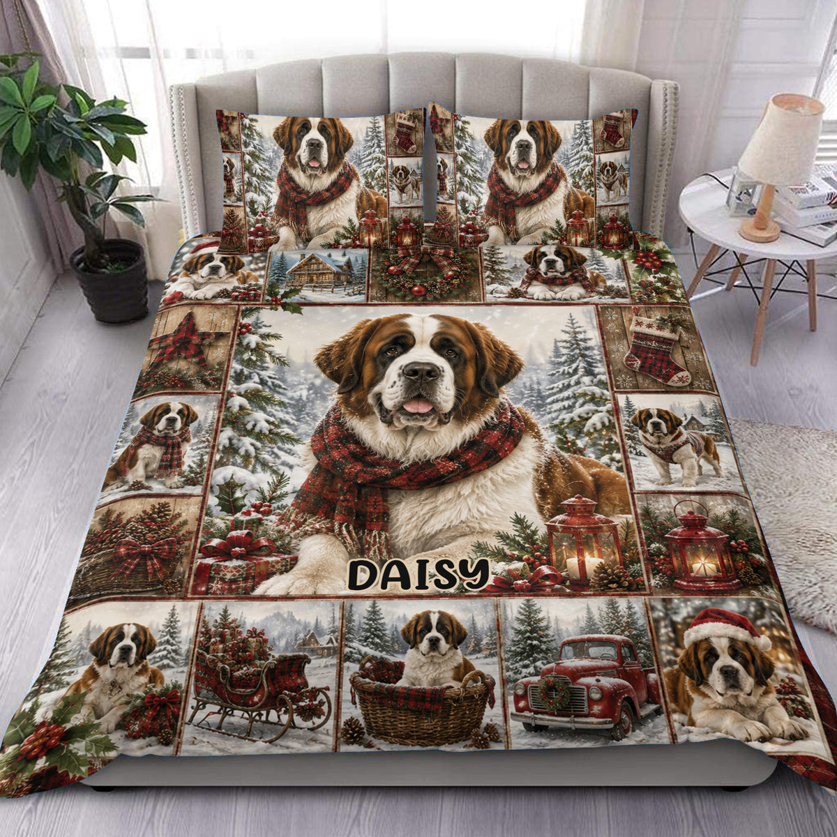 Saint Bernard duvet cover set displayed on a bed with snowy scenes, Christmas greenery, lanterns, gifts, and red accents