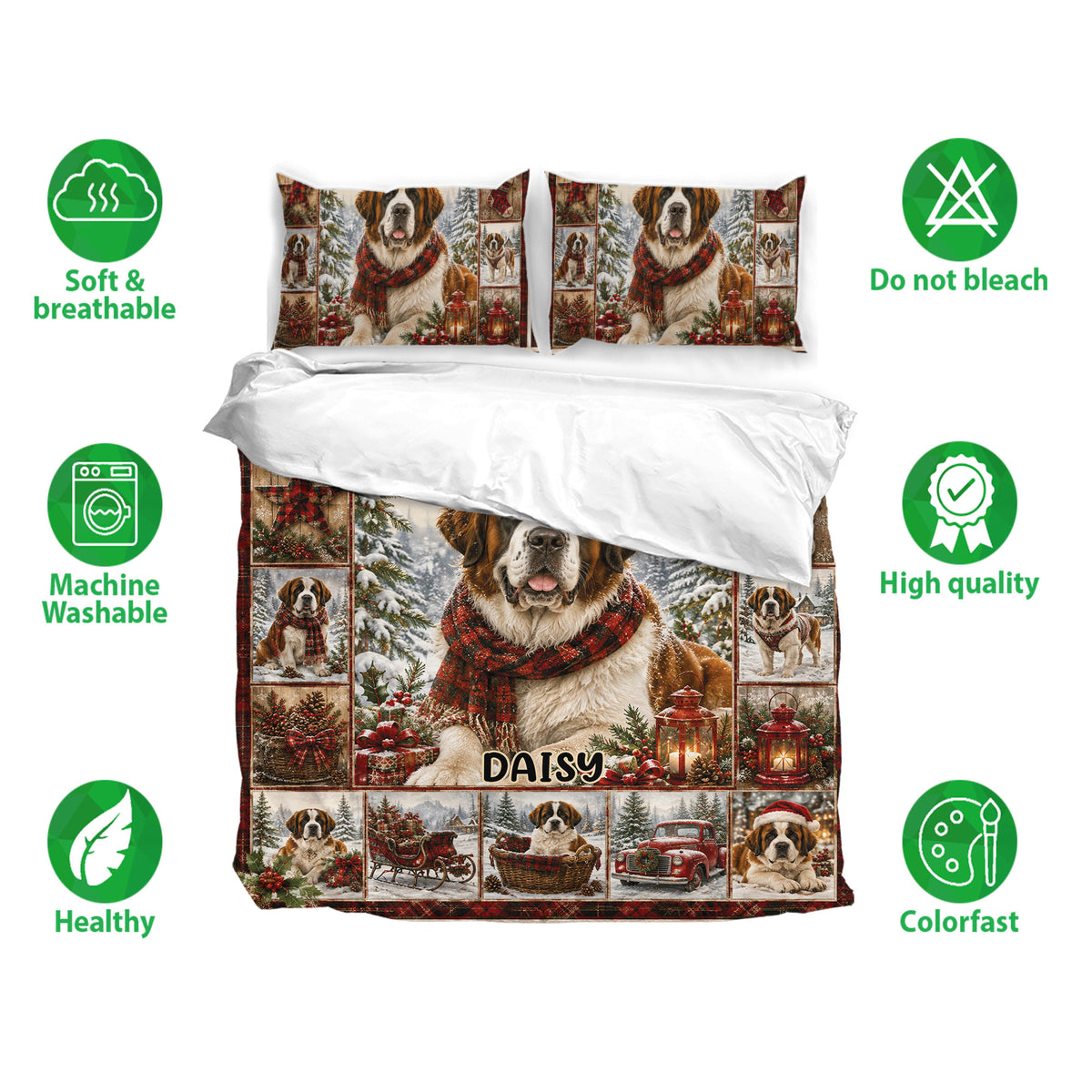 Saint Bernard Christmas duvet cover bedding set shown with matching pillowcases and soft, breathable fabric feature icons
