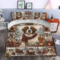 Saint Bernard Christmas duvet cover styled in a bedroom with snowy forest artwork, stockings, lanterns, and holiday greenery