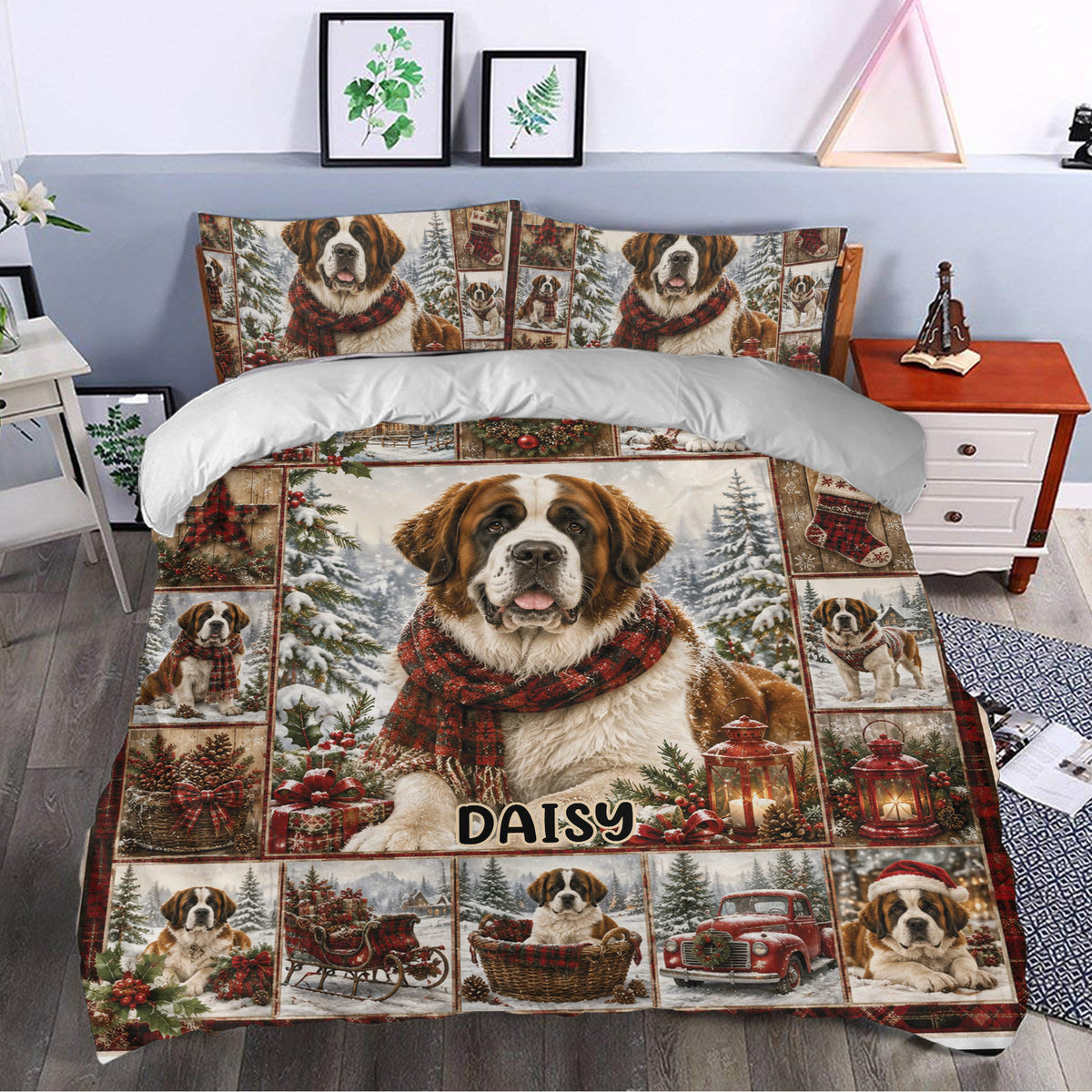 Saint Bernard Christmas duvet cover styled in a bedroom with snowy forest artwork, stockings, lanterns, and holiday greenery