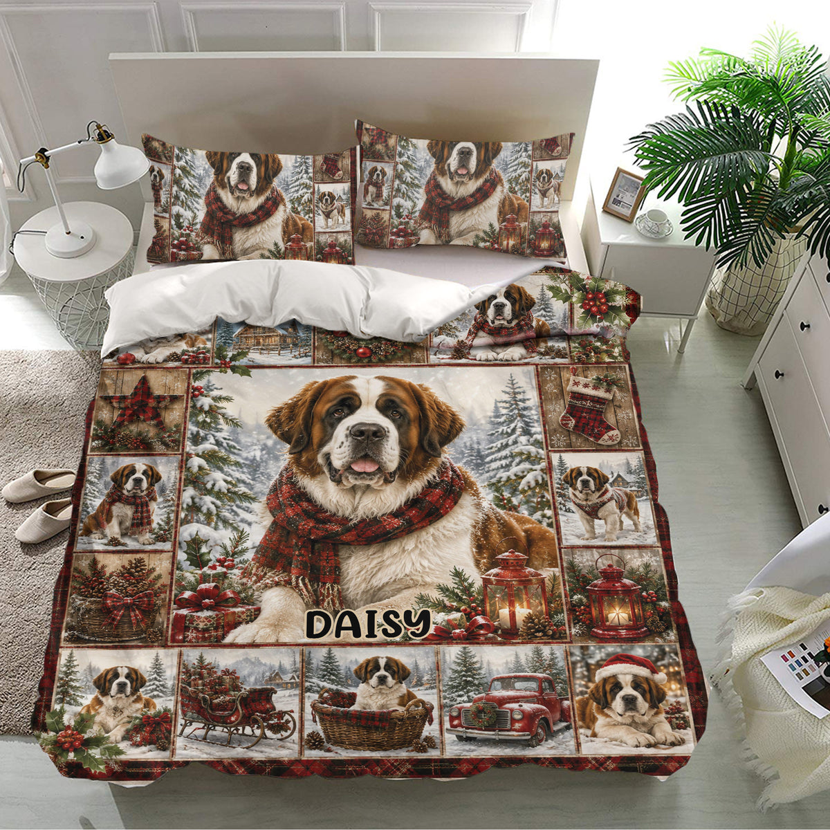 Saint Bernard duvet cover set displayed in a bright bedroom with festive dog artwork, snowy trees, gifts, and holiday decor