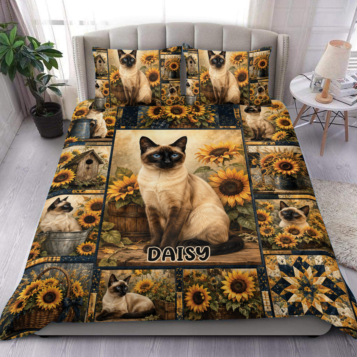 Siamese cat duvet cover featuring sunflowers, birdhouses, rustic panels, and a cozy bedroom presentation
