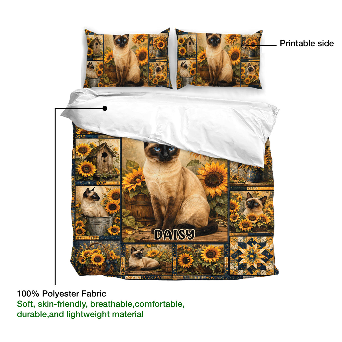 Siamese cat duvet cover set displayed with matching pillowcases and a detailed sunflower patchwork design