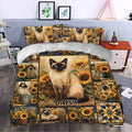 Siamese cat and sunflower duvet cover styled in a bright bedroom with rustic farmhouse decor