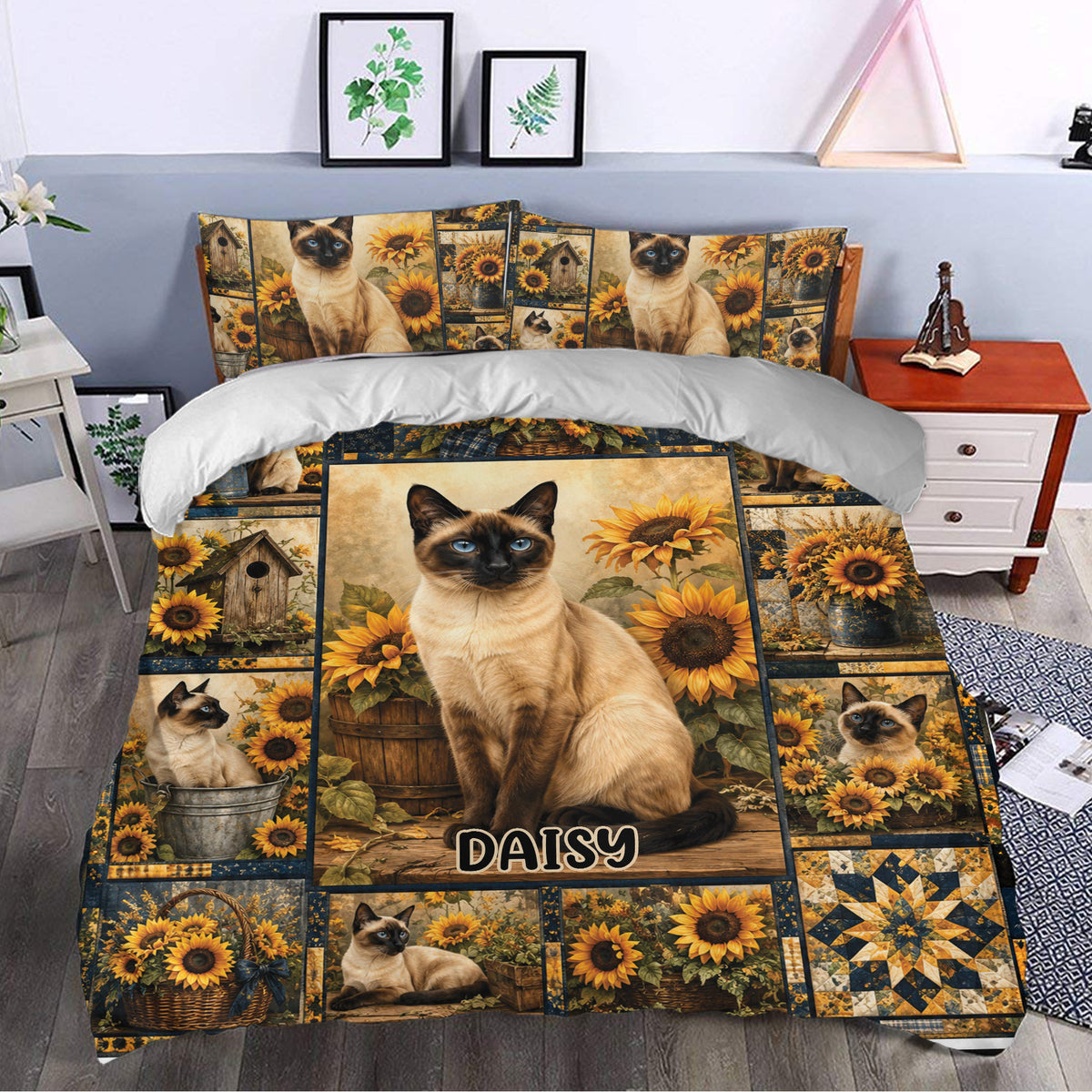 Siamese cat and sunflower duvet cover styled in a bright bedroom with rustic farmhouse decor