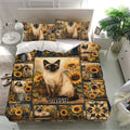 Siamese cat bedding set with sunflower collage artwork displayed in a modern bedroom setting