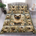Siamese cat duvet cover set displayed on a bed with daisies, butterflies, and a vintage botanical panel design