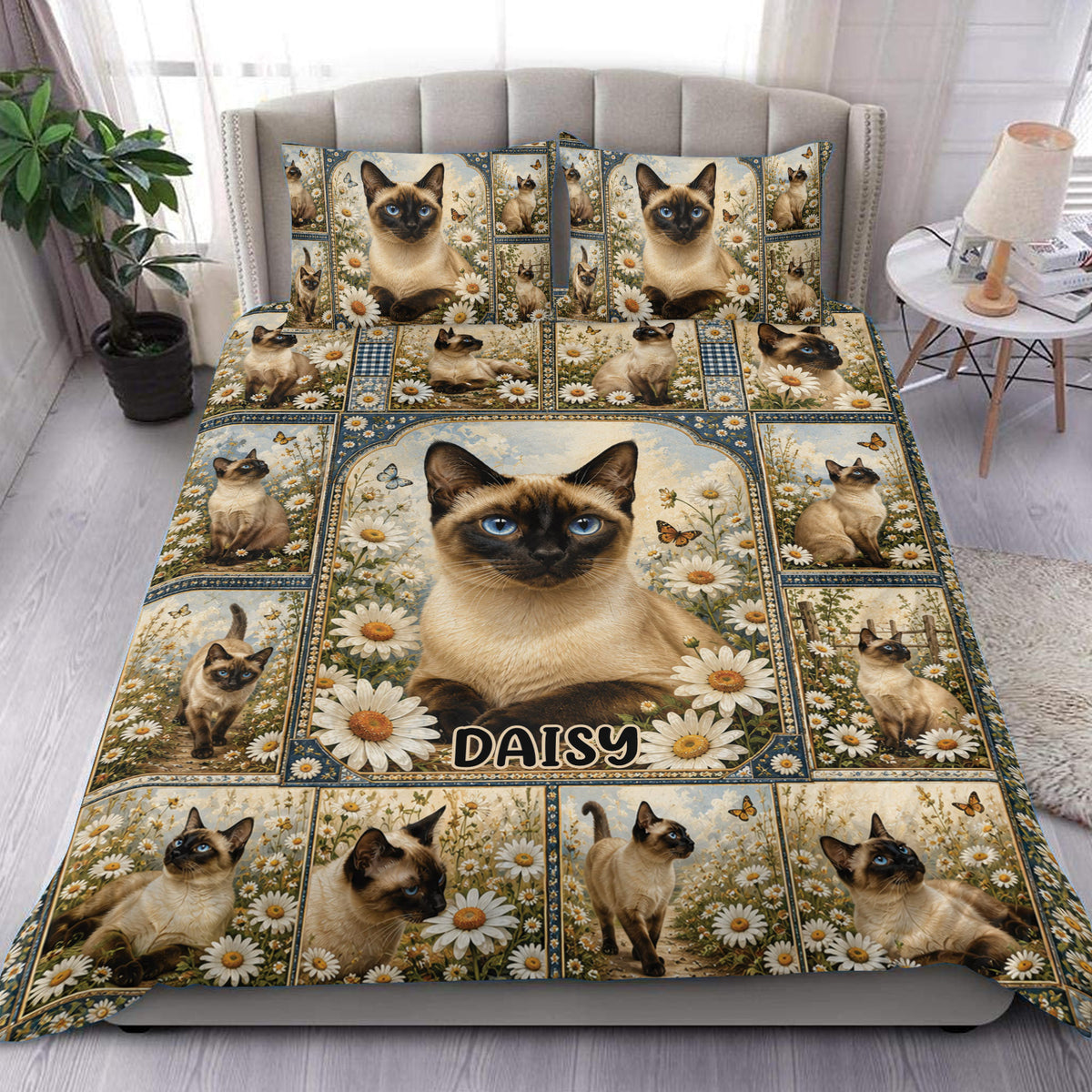 Siamese cat duvet cover set displayed on a bed with daisies, butterflies, and a vintage botanical panel design