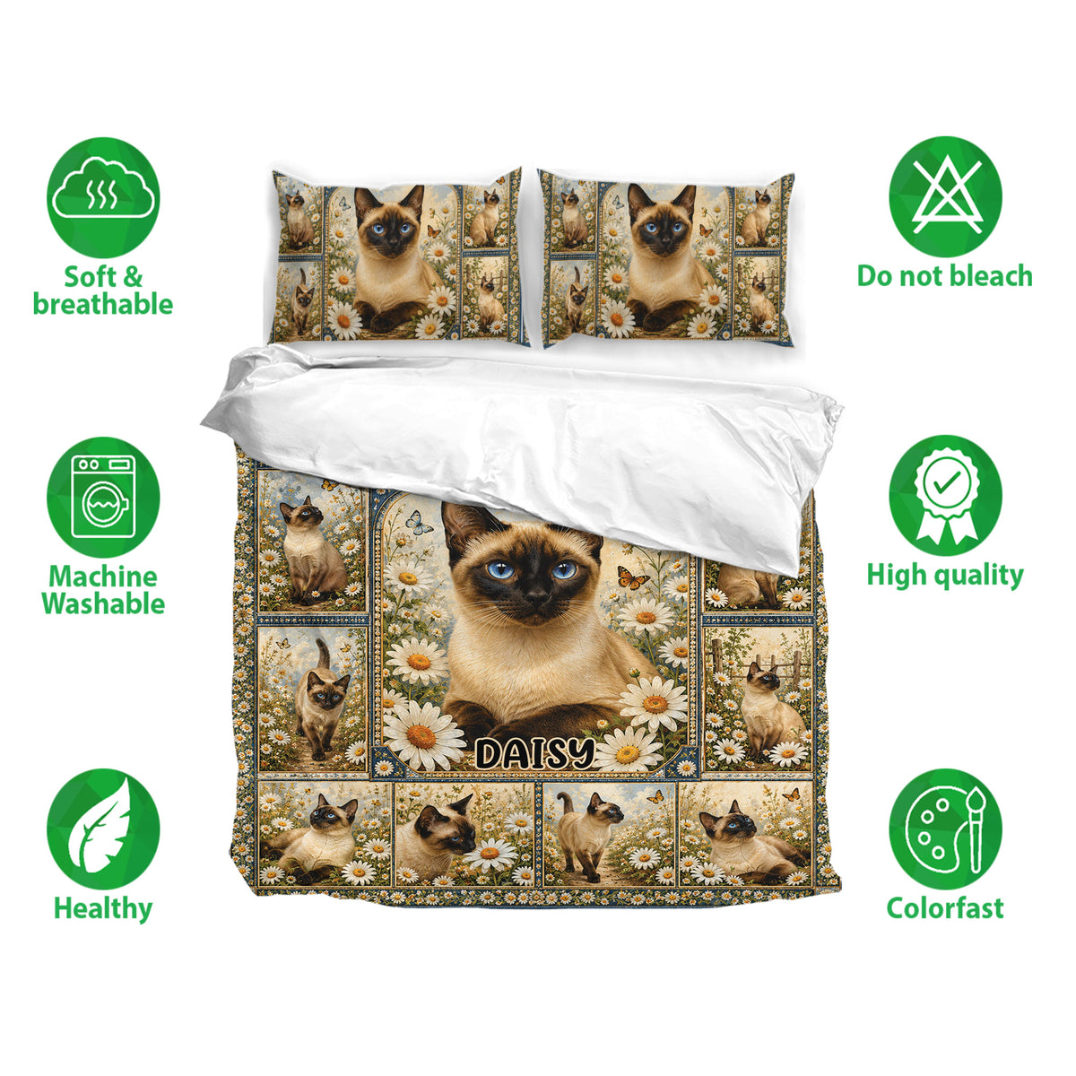 Siamese cat bedding set with floral artwork, matching pillowcases, and a soft blue, cream, and gold palette