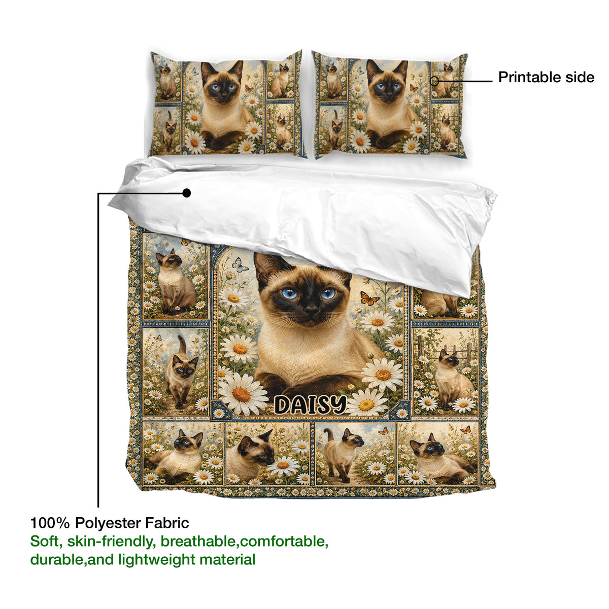 Siamese cat duvet cover bedding set shown with a printable design and lightweight polyester fabric detail