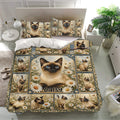 Siamese cat bedding set presented in a modern bedroom with matching floral pillowcases and detailed blue borders