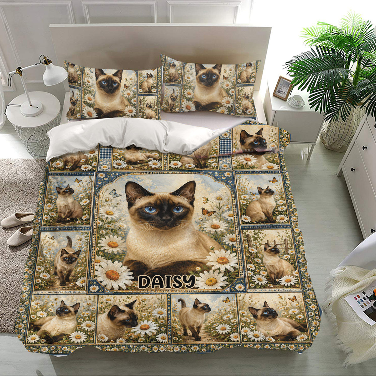 Siamese cat bedding set presented in a modern bedroom with matching floral pillowcases and detailed blue borders