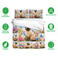 Siamese cat bedding set with floral butterfly artwork shown with pillowcases and soft breathable fabric icons