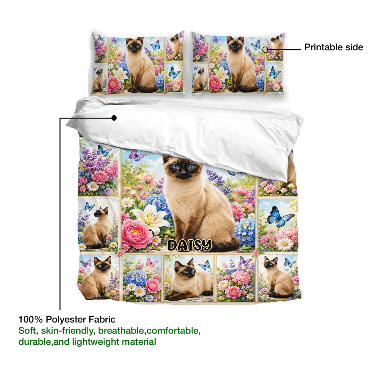 Siamese cat duvet cover and pillowcases shown with printable design side and soft polyester fabric details