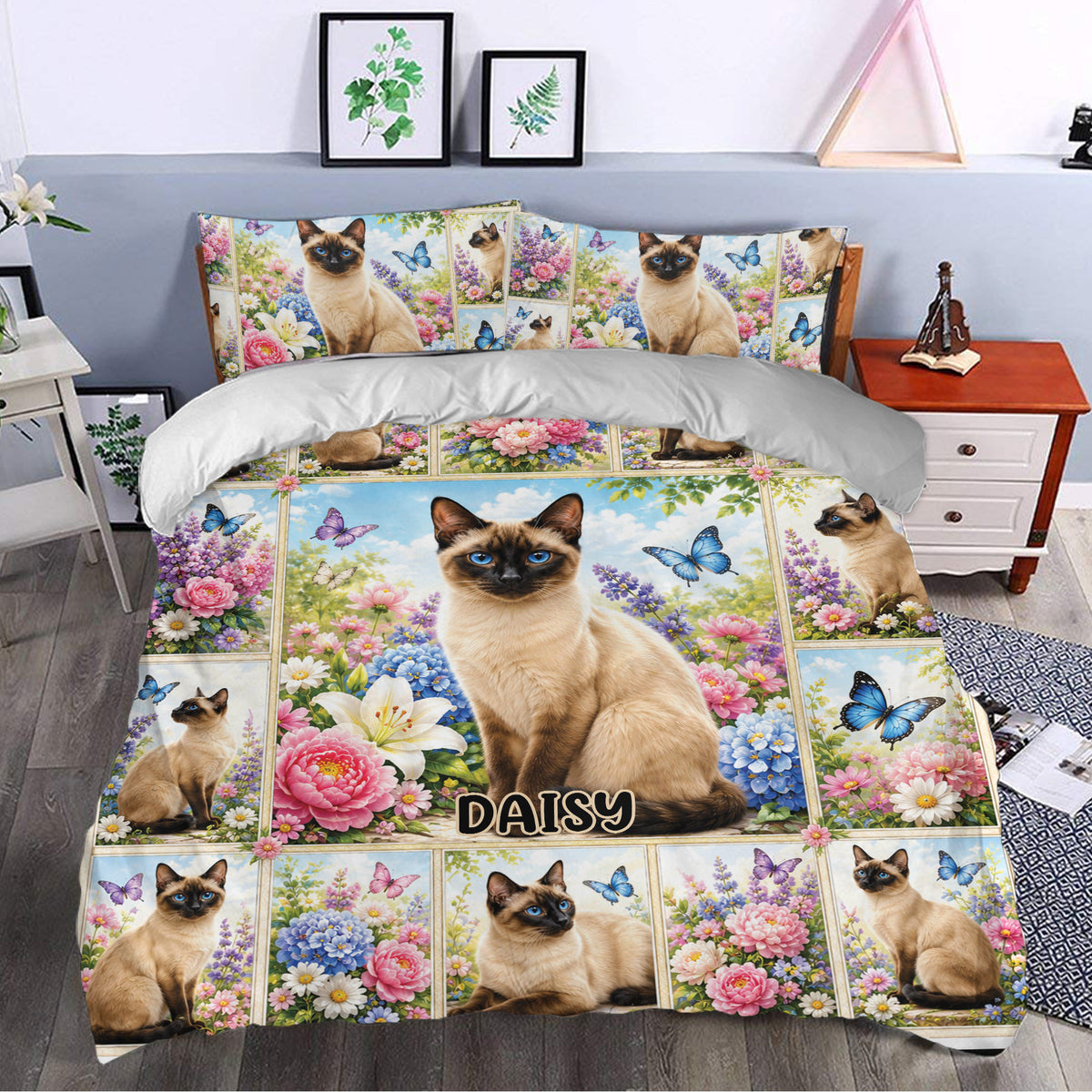 Siamese cat duvet cover set styled in a bedroom with colorful flowers, butterflies, and cottage garden decor