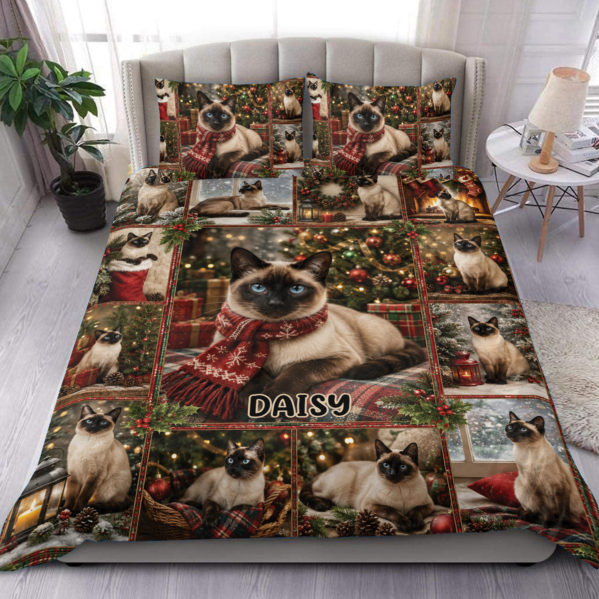 Siamese cat duvet cover set displayed on a bed with Christmas trees, gifts, scarves, holly and festive ornaments