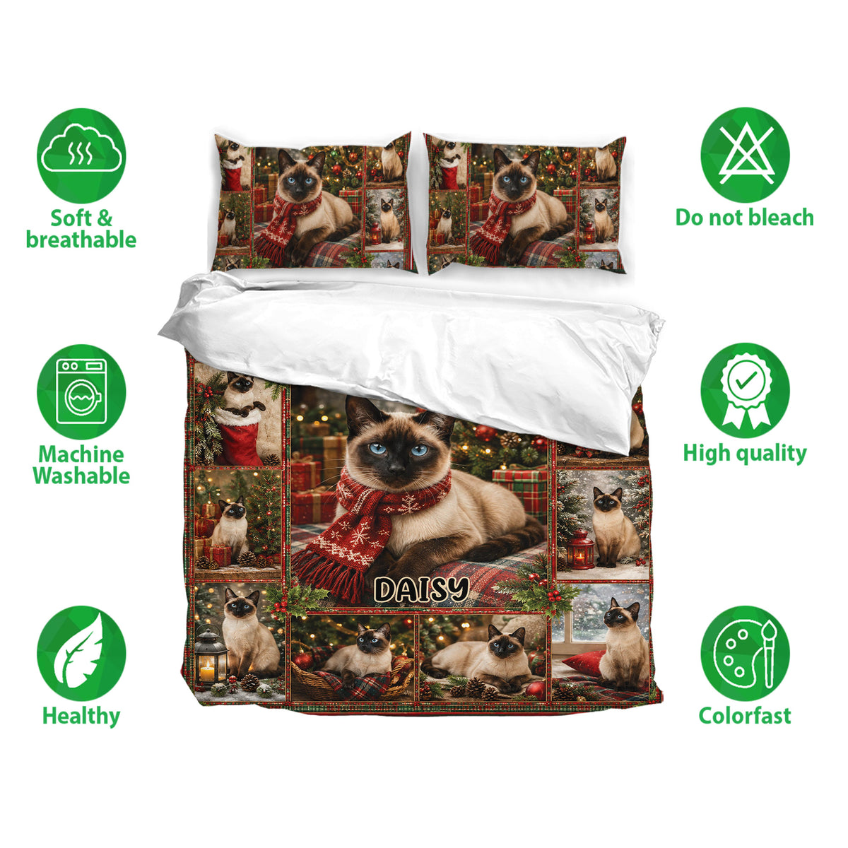 Siamese cat bedding set with festive collage artwork, matching pillowcases and soft breathable fabric feature icons