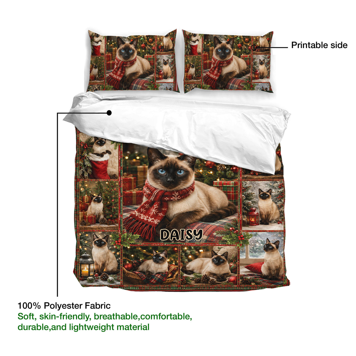 Siamese cat duvet cover set detail showing printed front, matching pillowcases and soft lightweight polyester fabric