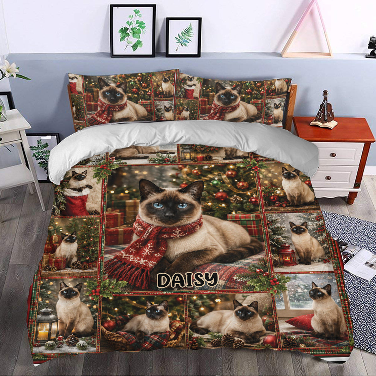 Christmas Siamese cat duvet cover styled in a bedroom with blue-eyed cats, red scarves, holly and holiday decor