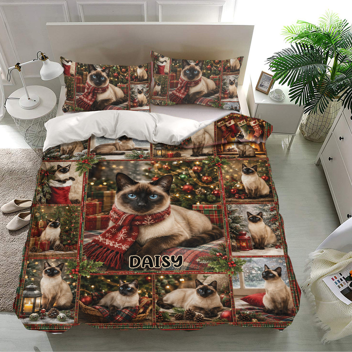 Festive Siamese cat bedding set displayed in a bright bedroom with matching pillows and Christmas collage artwork