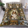 Sheltie duvet cover set displayed on a bed with floral garden scenes and scenic portraits