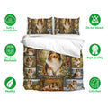 Sheltie bedding set with matching pillowcases, colorful garden artwork, and soft breathable fabric icons