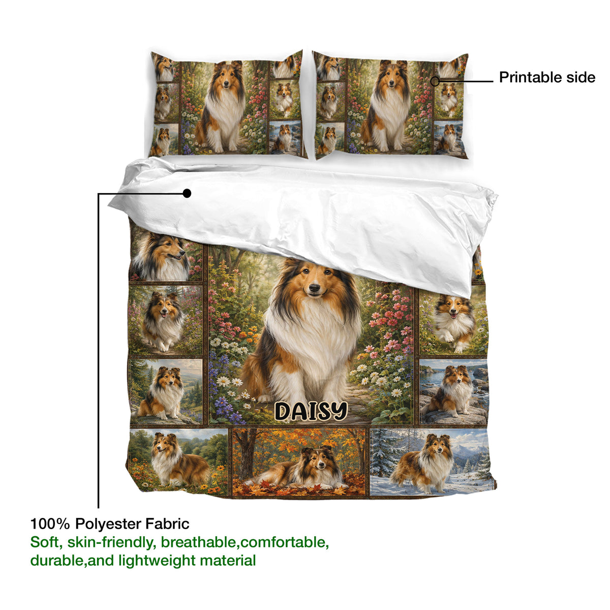 Sheltie duvet cover set showing the printed side, scenic dog artwork, and lightweight fabric details