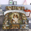 Sheltie duvet cover bedding set styled in a bedroom with floral portraits and seasonal scenery